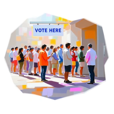 A long line of diverse individuals waiting patiently to vote at a polling place