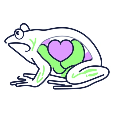 A detailed anatomical illustration of a frog is presented. The frog is shown from the side, allowing for a clear view of its external features such as its smooth skin and bulging eyes. Inside the transparent body, various internal organs are visible. The heart is located centrally, surrounded by the lungs, both of which are depicted in clear detail. The digestive system, including the stomach and intestines, is illustrated in a flowing manner, showing the path of food. The muscular system is also present, with muscles highlighted along the limbs. Additional annotations may be included to label these organs and systems for clarity.
