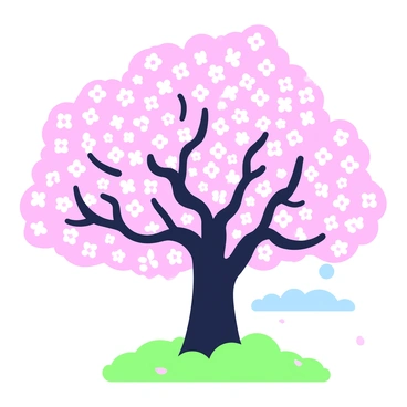 A tree with a thick trunk and spreading branches is covered in delicate "pink cherry blossoms" in full bloom. The blossoms are abundant, creating a vibrant display that fills the branches. Beneath the tree, there is soft green grass, providing a rich contrast to the blossoms above. In the background, a clear blue sky can be seen, enhancing the beauty of the scene. Several petals have fallen and are scattered on the ground, adding to the enchanting atmosphere of spring.