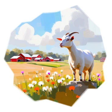 A curious goat with white fur and light brown patches stands atop a grassy hill. The goat is looking down with bright, inquisitive eyes at the farm below. The farm features several red barns, a few scattered farmhouses, and green fields with crops growing. In the background, there are a few trees and a blue sky dotted with fluffy white clouds. The hill is adorned with wildflowers, adding pops of color to the scene. The goat's ears are perked up, indicating its alertness as it surveys the landscape.