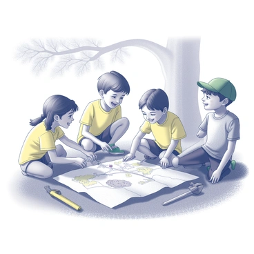 A group of four children gathered in a backyard, sitting on the grass with wide smiles on their faces. They are examining an old, weathered treasure map, which is spread out in front of them. One child is pointing to a marked location on the map, while another child leans in closer to see the details. A bright sunlight casts playful shadows as the children wear casual clothes, with one girl wearing a bright yellow shirt and a boy wearing a green cap. Nearby, a large oak tree provides shade, and garden tools are scattered around, hinting at a recently playful adventure.