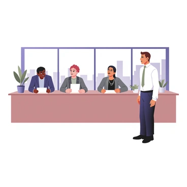 A digital flat illustration depicting a panel of four interviewers seated at a long table. Each interviewer holds a questionnaire in their hands. The first interviewer on the left has dark skin and short black hair, wearing a navy blue suit and a white shirt. The second interviewer has light skin with curly red hair, dressed in a gray blazer and a light blue blouse. The third interviewer has medium skin and straight black hair tied back, wearing a black dress and a silver necklace. The fourth interviewer on the right has tan skin and short brown hair, dressed in a white shirt with a light green tie. The background features a large window with a view of a cityscape and a potted plant beside the table. A candidate is standing in front of the table, looking confident.