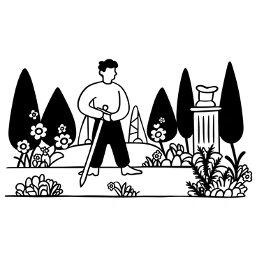 A man dressed in medieval attire walking along a pathway in a royal garden. The garden features a variety of blooming flowers in intricate arrangements. There are tall hedges forming a backdrop, and elegant stone statues placed strategically throughout the garden. The man holds a sword in one hand, and the other hand is resting at his side. The scene is tranquil and orderly, with a sense of nobility surrounding the lush greenery.