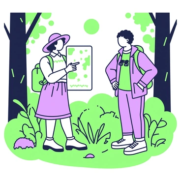 Two explorers are standing face to face in a dense forest, surrounded by tall trees and underbrush. One explorer, with a wide-brimmed hat and a backpack, holds a map in their hands, pointing at a specific location while smiling. The other explorer, wearing a rugged jacket and binoculars around their neck, nods enthusiastically, with their hands on their hips. Sunlight filters through the foliage, creating dappled patterns on the ground. In the background, various green plants and ferns add to the vibrant forest environment.