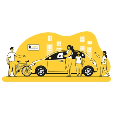 A family of four standing next to a car parked on the street. The parents are smiling while interacting, and two children are excitedly pointing towards the car. The car features a simple design and a logo indicating it is part of a car-sharing service. Next to them, there is a row of parked bicycles, with colorful designs on their frames. The scene is set in an urban area with buildings visible in the background.