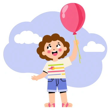 A cheerful child with curly brown hair is holding a bright red balloon in one hand. The child is wearing a colorful striped t-shirt and denim shorts. The child is looking up at a clear blue sky, with a look of wonder on their face. Fluffy white clouds can be seen in the background, adding to the joyful scene. The sun casts a warm glow, illuminating the child's expression and the bright red balloon.