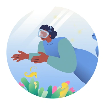A diver with dark skin and short black hair is hovering in the water, wearing a blue wetsuit and a clear face mask. She is gazing in awe at a small, vibrant yellow seahorse that is nestled among green underwater vegetation. The diver's arms are extended slightly as she maintains her position, and colorful coral formations can be seen in the background. Sunlight filters through the water's surface, creating gentle patterns of light around her. The seahorse's delicate tail is curled around a thin strand of seaweed, adding to the serene underwater scene.