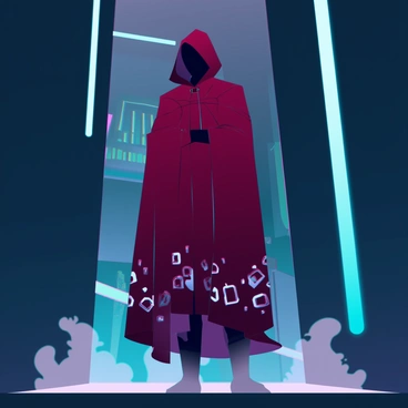 A mysterious figure cloaked in deep crimson, with the hood pulled low over their face, stands in a dimly lit, shadowy corner of a futuristic urban environment. The cloak is detailed with intricate patterns that shimmer faintly with a metallic sheen. The figure's posture is tense and watchful, as if guarding a secret. The surrounding area is filled with dark, angular architecture and neon lights casting an eerie glow, creating a stark contrast against the rich red of the cloak. Wisps of fog swirl around the feet of the figure, adding to the enigmatic atmosphere.