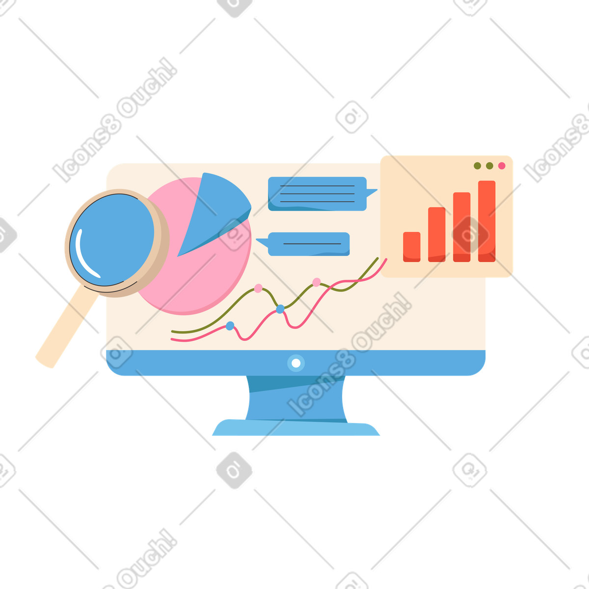 Dizzy スタイルの Data analysis with monitor, graphs, and magnifier のアニメーションイラストをGIF、Lottie (JSON)、AEでダウンロード