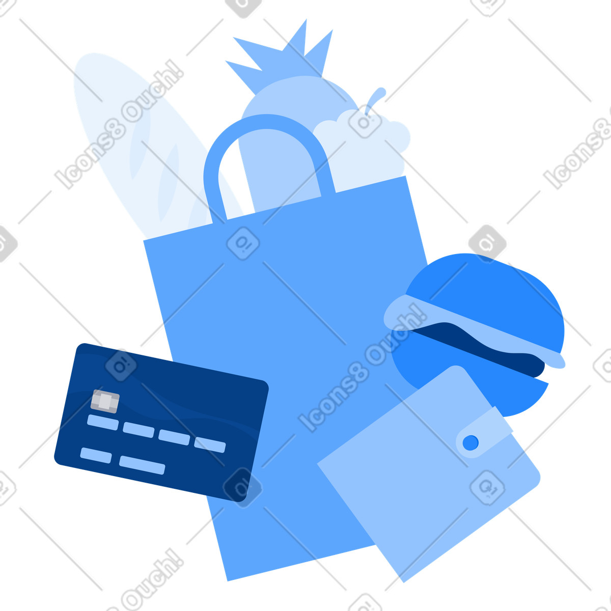Ilustración Shopping bag with groceries and payment card, E-commerce food delivery en estilo Urban a descargar en PNG y SVG