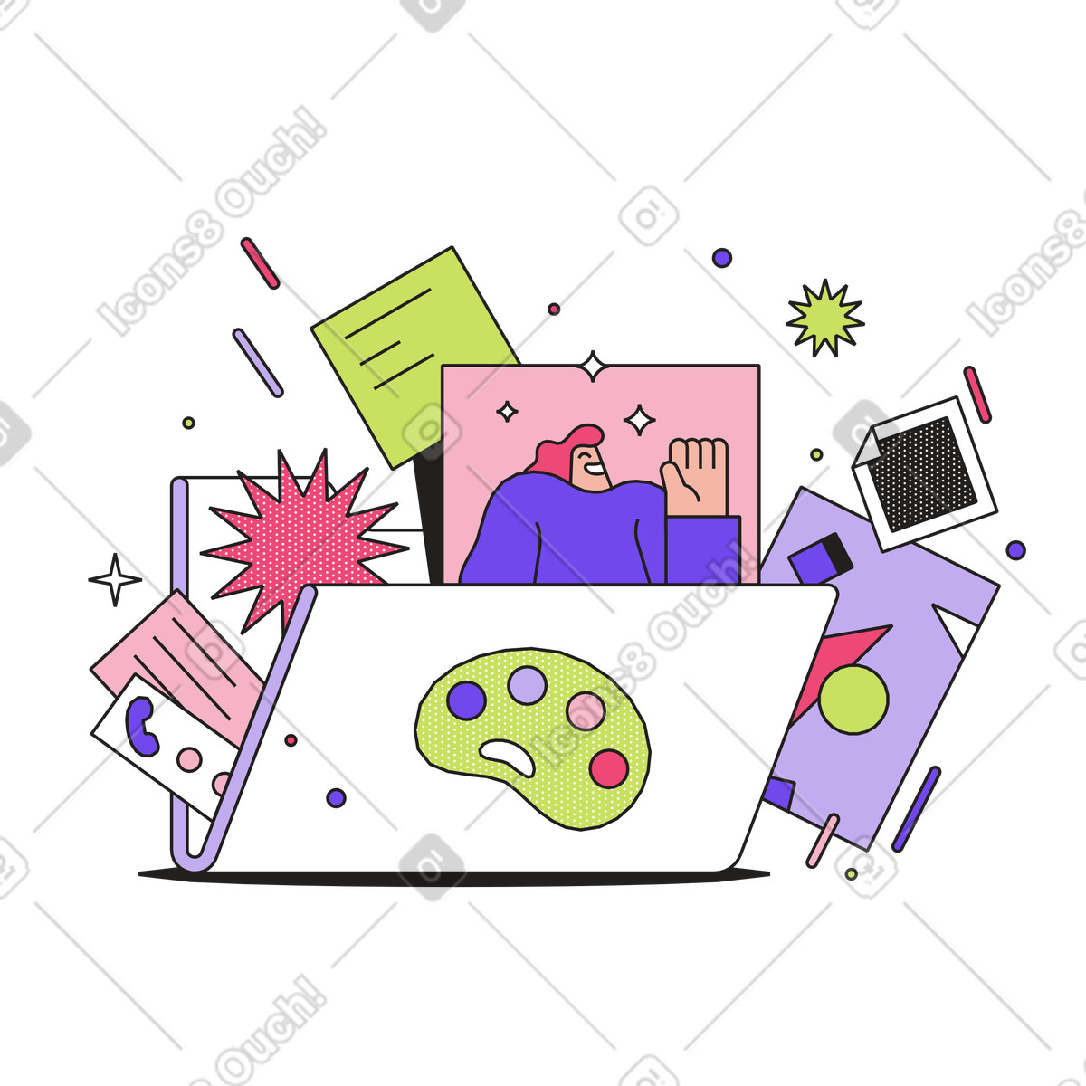 Designer-portfolio mit kreativer arbeit-Illustration im Dazzle-Stil als Download in PNG, SVG