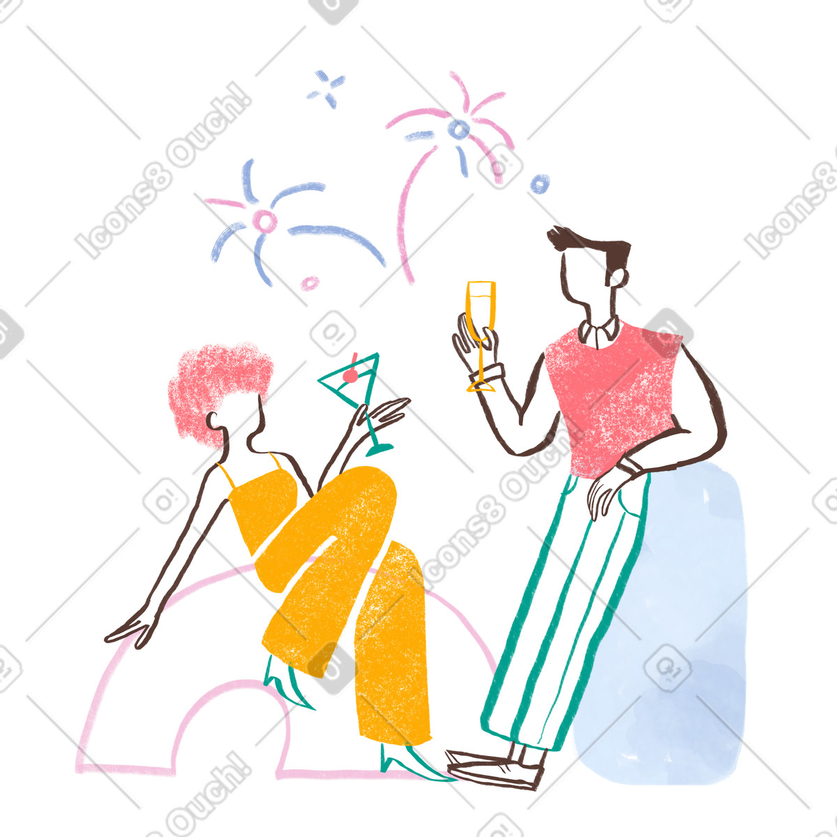Woman and man celebrating with drinks and fireworks illustration in Company style download in PNG, SVG