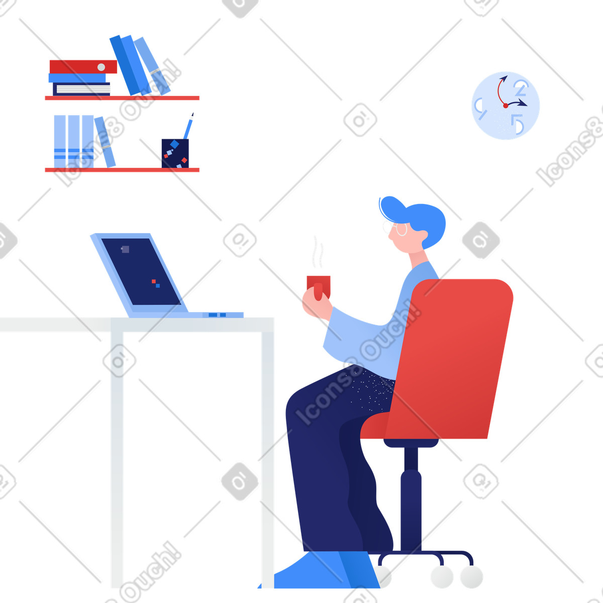 Employee seated at desk with laptop enjoying coffee, Office break time concept illustration in Clip style download in PNG, SVG