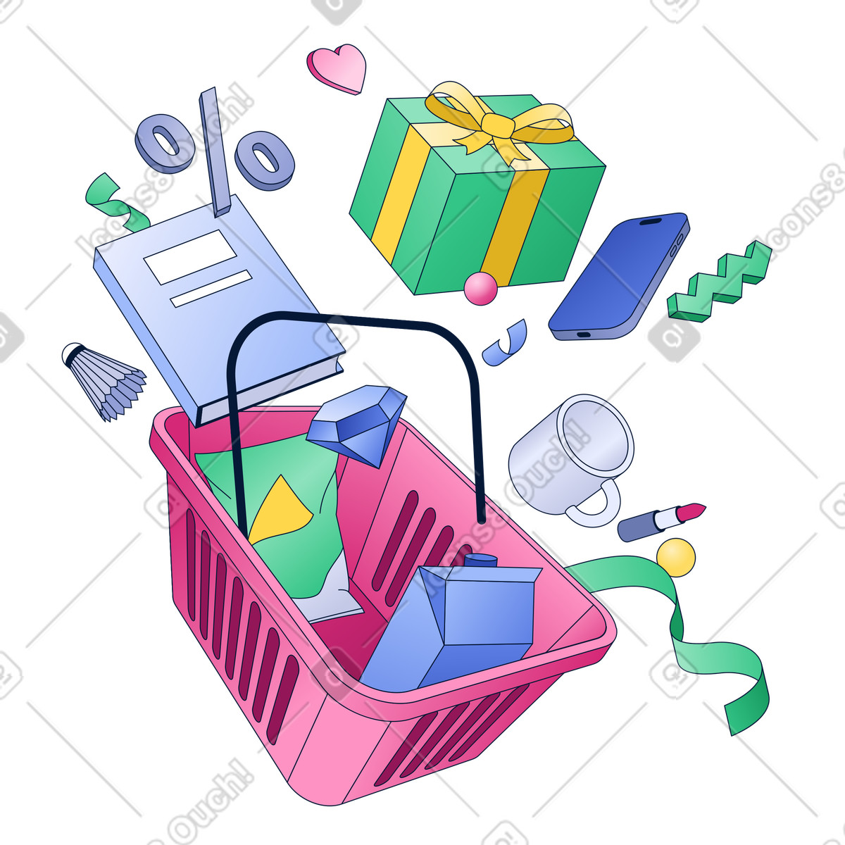 Sale items flying out of shopping basket illustration in Neat style download in PNG, SVG