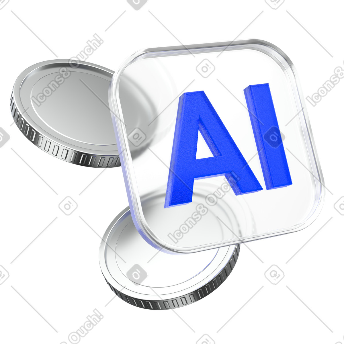AI cashback coins, Blue label with money, Digital discount promotion illustration in 3D Enterprise style download in PNG, SVG