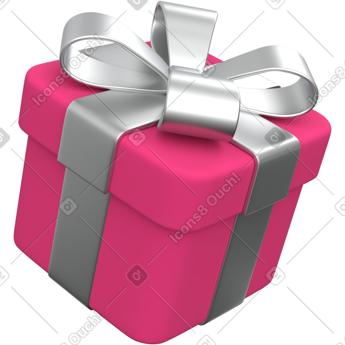 Bright pink gift box with silver ribbon bow illustration in 3D Grid style download in PNG, SVG