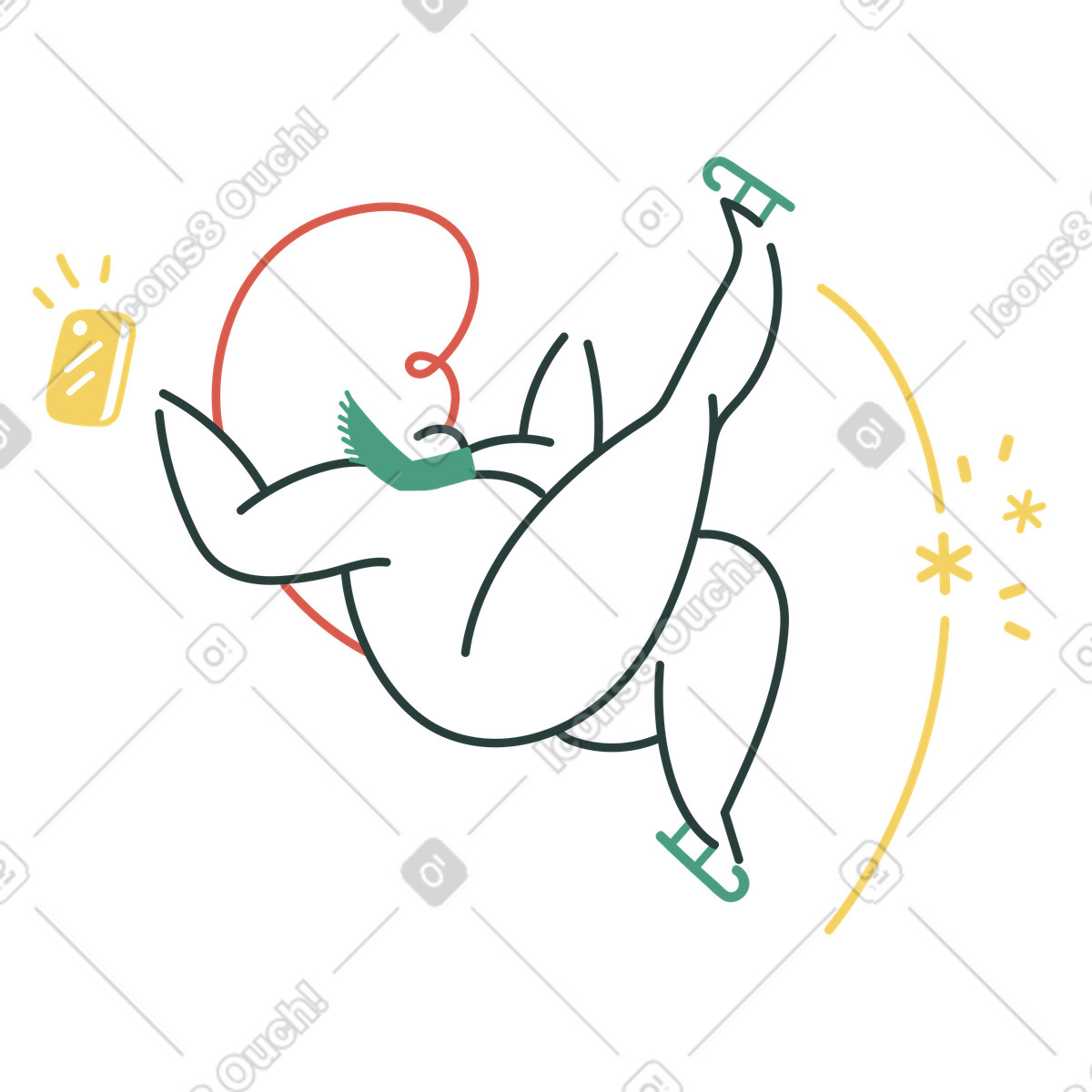 Woman on ice skates slipping and falling illustration in Macaroni style download in PNG, SVG