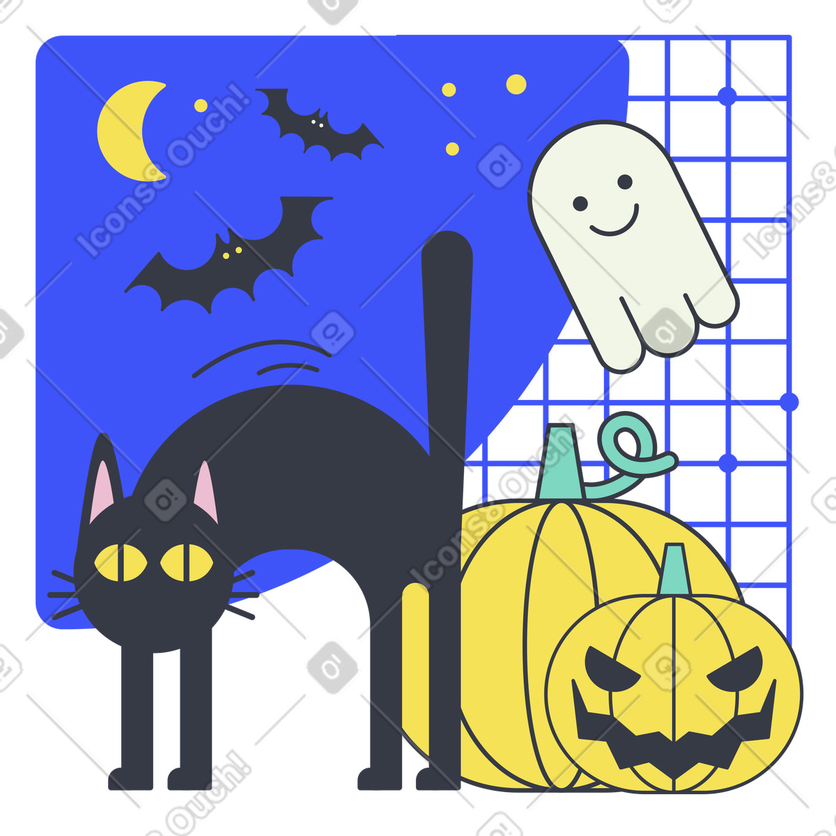 Illustration Chat noir avec citrouille sculptée et fantôme la nuit d'halloween dans le style Abstract à télécharger aux formats PNG, SVG