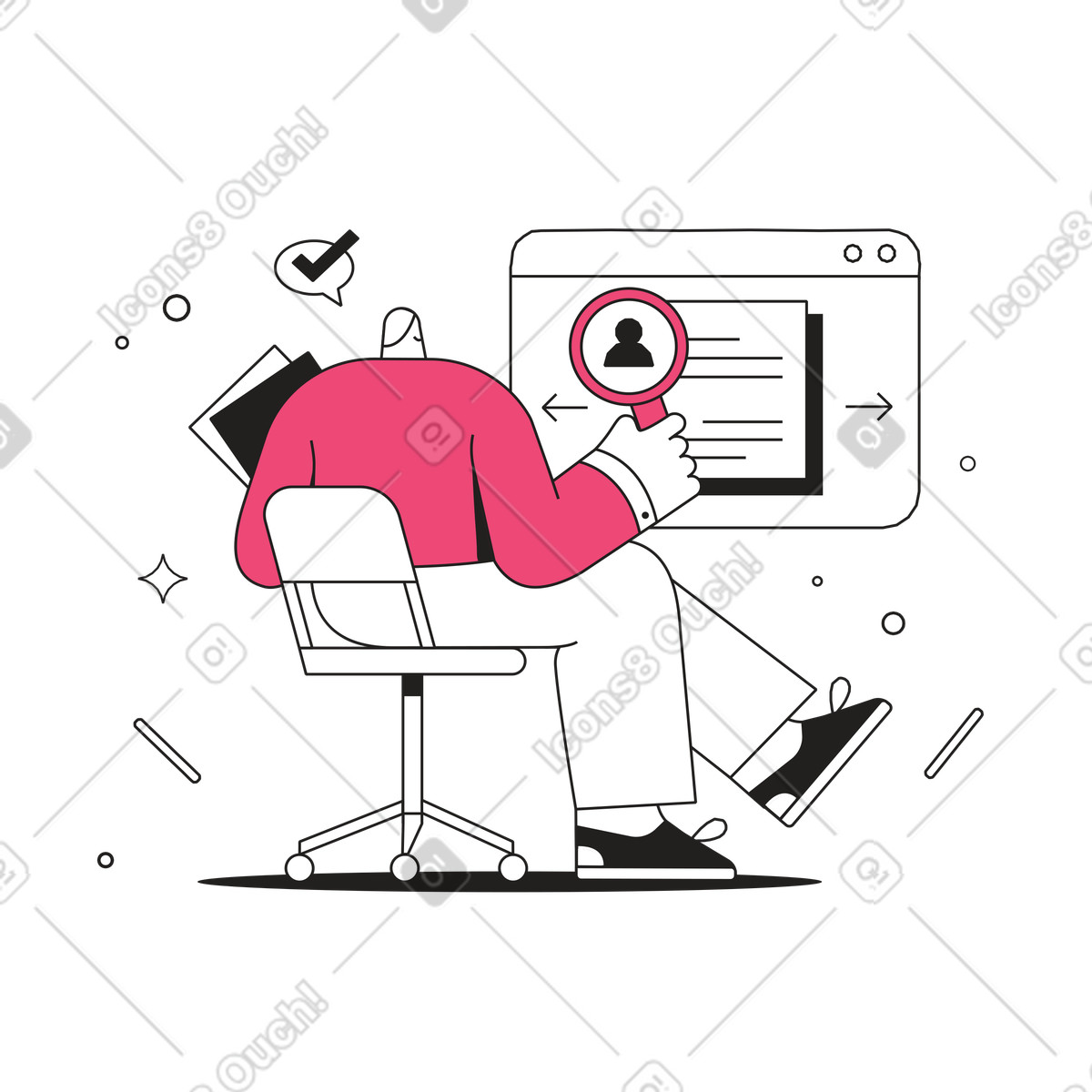 Recruiter reviewing resumes on computer, Candidate selection process animierte Illustration im Dazzle Line-Stil als Download in GIF, Lottie (JSON), AE