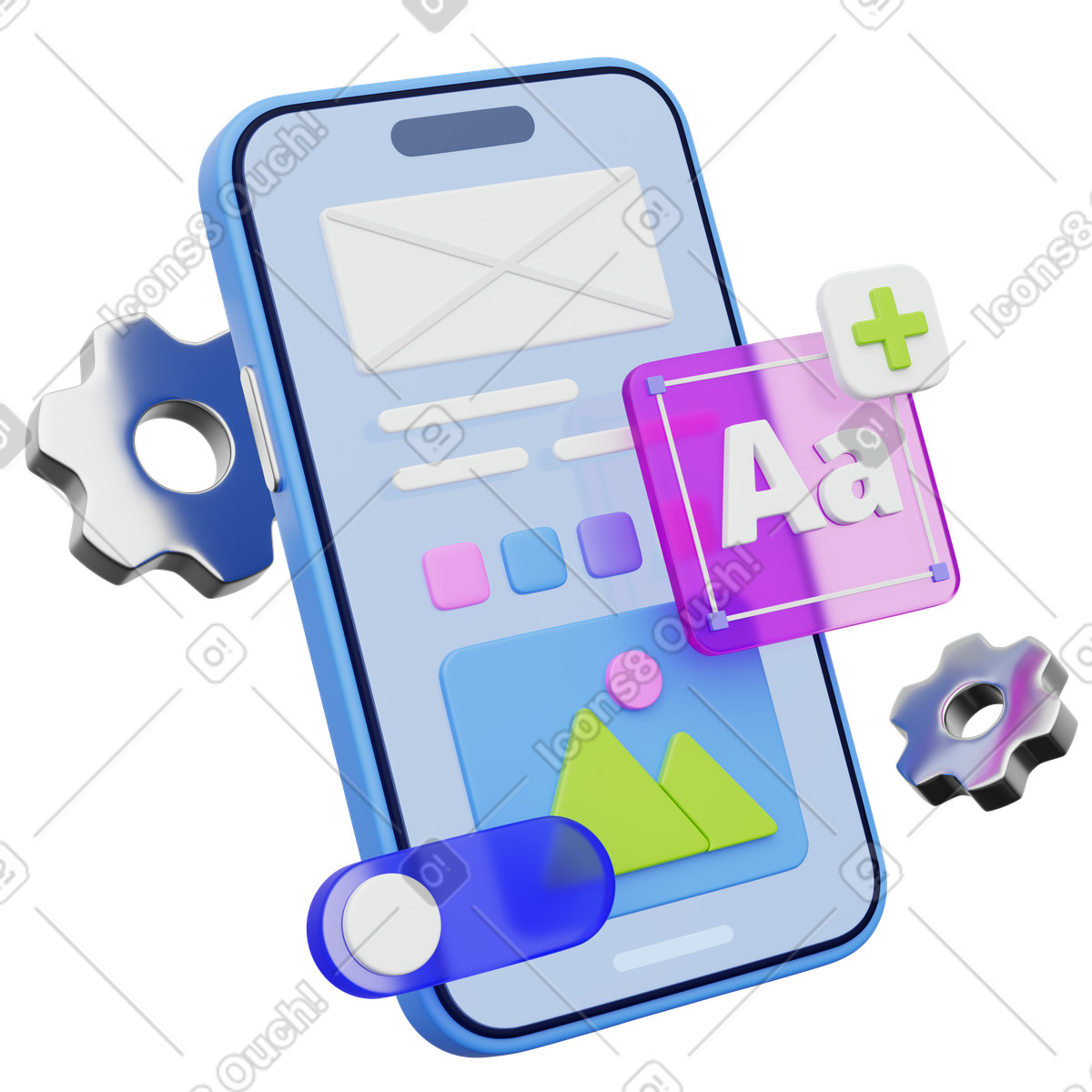 Smartphone app interface builder concept with ui components and settings-Illustration im 3D Playful-Stil als Download in PNG, SVG