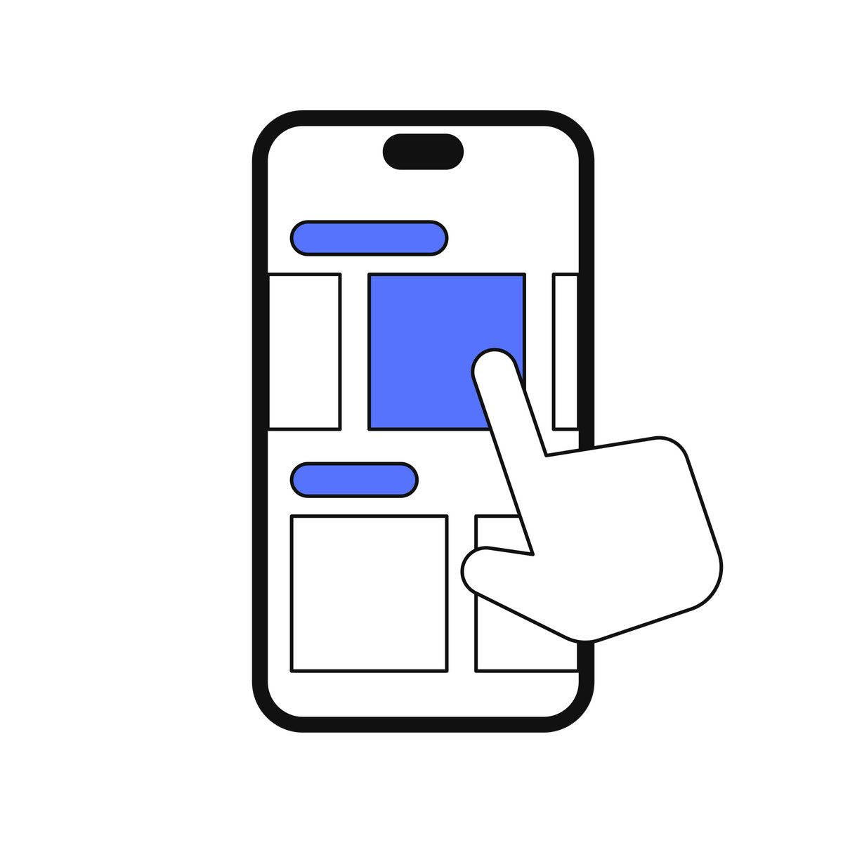 Main スタイルの App interface mockup with user tap action on interactive element のイラストをPNG、SVG形式でダウンロード