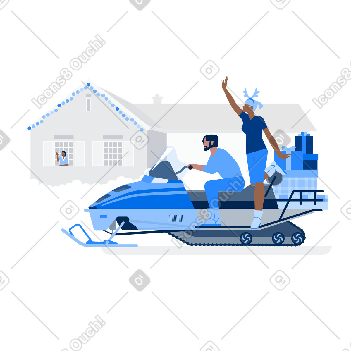 Urban スタイルの Delivering holiday packages on snowmobile, Festive gift service のイラストをPNG、SVG形式でダウンロード