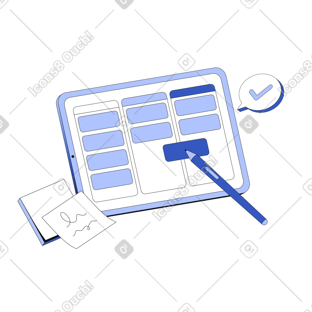 Kanban planning board on tablet animated illustration in GIF, Lottie (JSON), AE
