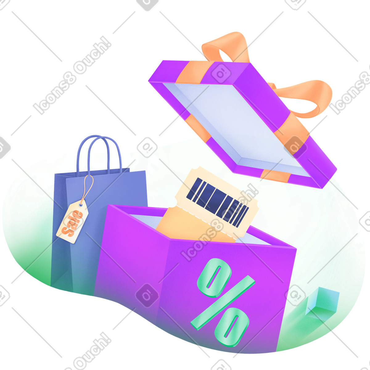 Package with discount coupon and shopping bag with sale tag illustration in PNG, SVG