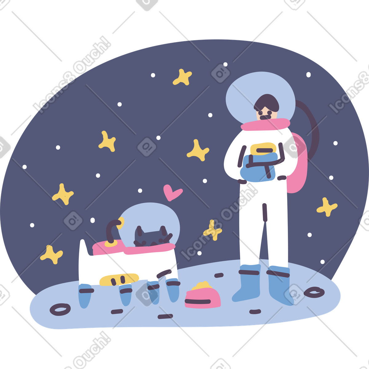 Astronaut feeding cat in space suit illustration in Pluto style download in PNG, SVG