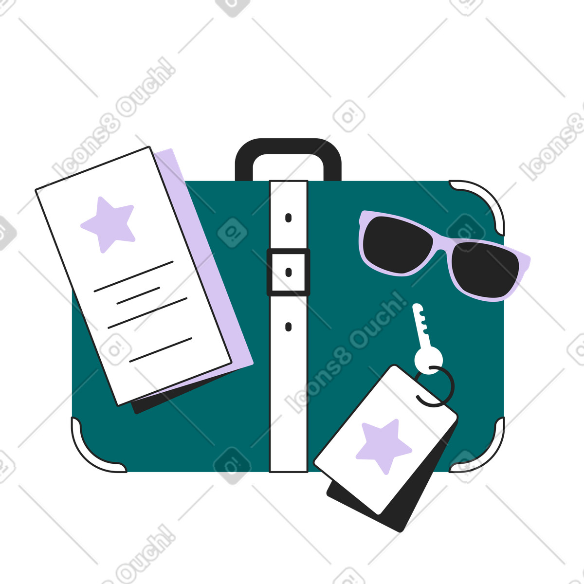 Ilustração de Vacation planning, trip preparation, luggage with boarding documents and room key em no estilo Sammy Line para baixar em PNG, SVG