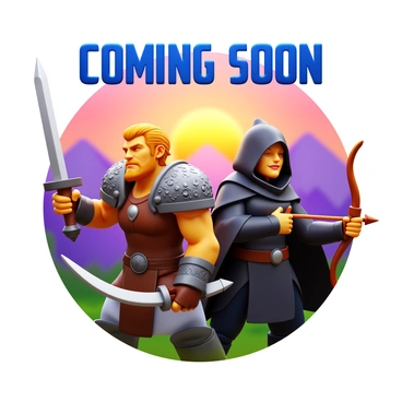 A video game poster featuring two dynamic characters: one is a fierce warrior with a sword, wearing intricate armor, and the other is a cunning rogue with a bow and quiver, dressed in dark, stealthy clothing. The background includes a vibrant landscape with mountains and a sunset. The characters are positioned prominently in the foreground, displaying their unique abilities. Above them, in bold letters, the text says "Coming Soon." The overall composition emphasizes action and adventure, inviting viewers to engage with the game.