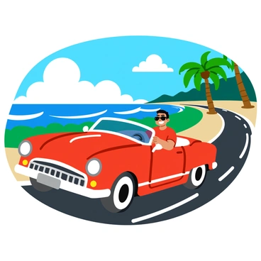 A vintage convertible sports car with its top down is cruising along a winding coastal road. The car is a bright red color with shiny chrome details that reflect the sunlight. Palm trees line the side of the road, swaying gently in the breeze. The ocean sparkles in the background with waves gently lapping at the shore, and fluffy white clouds float in a clear blue sky. The driver, wearing sunglasses, has a big smile on their face as they enjoy the drive.