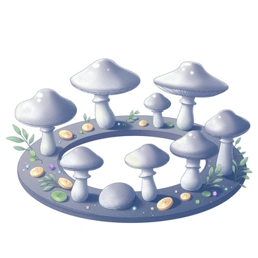 A fairy ring in a hidden glade, with hidden treasures peeking out from beneath the mushrooms.