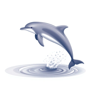 A dolphin leaping out of the water in a dynamic pose. The dolphin's body is arched, showcasing its sleek form as it breaks through the surface. Water splashes around the dolphin, creating droplets that catch the light. The background features gentle waves and ripples on the water's surface, emphasizing the movement and energy of the scene.