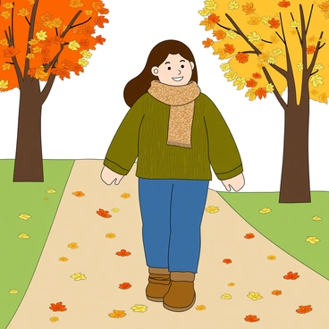 A young girl with light skin and long brown hair is walking along a path covered with colorful autumn leaves. She is wearing a thick, knitted olive green sweater and a patterned, cozy scarf wrapped around her neck. The leaves are varying shades of orange, yellow, and red, gently falling around her as she walks. She has on blue jeans and brown ankle boots. A cheerful expression brightens her face as she enjoys the crisp autumn air. In the background, trees with branches full of colorful foliage frame the scene.