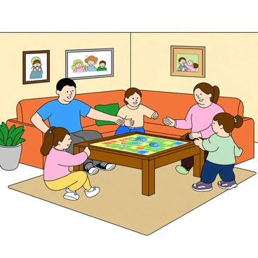 A family of four gathered in a cozy living room, sitting around a large wooden coffee table. The room is filled with soft, colorful cushions and a plush rug underneath. On the table, a vibrant board game is laid out, featuring a bright game board and various game pieces. The father, with short black hair and wearing a blue t-shirt, is pointing at the board, explaining the rules. The mother, with long brown hair in a ponytail and dressed in a pink sweater, is smiling while rolling a set of colorful dice. A young girl with pigtails is excitedly placing her game piece on the board, while a toddler is giggling as he reaches for a piece. The walls are adorned with family photos and cheerful artwork, creating a warm atmosphere of togetherness and fun.