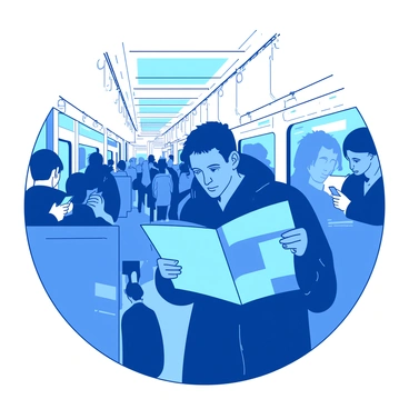 A blue passenger is reading a newspaper while standing inside a white crowded train compartment. The passenger is wearing a black coat and has a focused expression on their face as they scan the pages of the newspaper. Surrounding the passenger are various other commuters, some holding onto overhead handles and others looking at their phones. The train is filled with a sense of motion, with blurred surroundings visible through the windows.