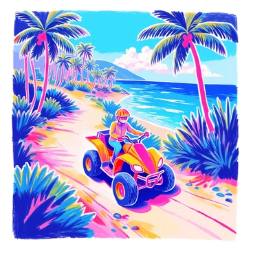 An ATV is actively riding along a winding trail on a tropical island. The landscape features tall, green palm trees lining both sides of the path. In the background, there are clear views of a bright blue ocean, sparkling under the sun. The sky is a vibrant blue with a few fluffy white clouds. The ATV is painted in bold colors, showing motion as it travels over the sandy terrain. The trail is slightly uneven, with patches of grass and small rocks.