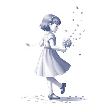 A young flower girl is depicted in mid-action, scattering petals onto a path. She carries a small, charming bouquet made up of various flowers. The petals she is scattering are spread out across the ground, creating a layer of delicate colors. She is wearing a simple, elegant dress that flows gently as she moves. Her hair is styled with a small floral accessory, complementing her bouquet. The atmosphere suggests a joyful celebration as she walks, with soft petals gently falling around her.