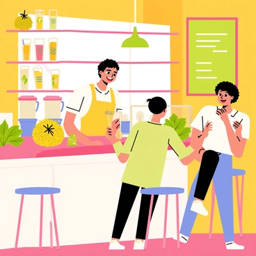 A vibrant smoothie bar featuring a bright, lively interior with colorful walls and tropical decorations. Behind the counter, a friendly bartender is preparing various durian-based drinks, wearing a cheerful apron. The countertop is filled with fresh durians, blenders, and a variety of fruits. Different smoothies are displayed in clear glasses, showcasing their rich, creamy texture and yellow-green color. Customers are sitting at high stools, enjoying their drinks and chatting with one another, while a chalkboard menu lists the different smoothie options.