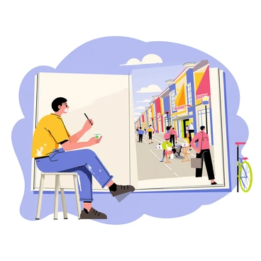 An artist is sitting at a small table on the sidewalk, sketching in a large open sketchbook. The artist has short black hair and is wearing a blue apron with paint stains. On the sketchbook page, there is a detailed drawing of a lively city street scene that includes colorful storefronts with large windows and awnings. People are walking along the street, some carrying shopping bags, while others sit at outdoor cafe tables enjoying coffee. A bright blue sky is above, with a few fluffy white clouds. A street lamp and a bicycle leaning against a nearby building add to the bustling atmosphere.