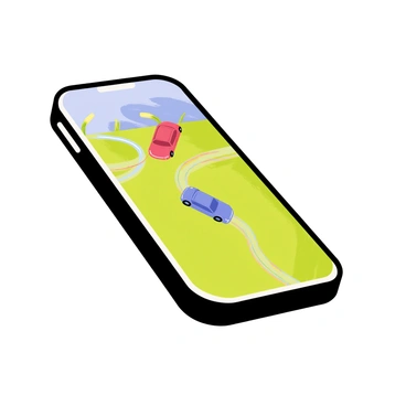 A 3D smartphone with a sleek black frame is prominently displayed. The screen features a colorful mini car race track, winding in intricate loops and turns. Two miniature cars, one red and one blue, are depicted speeding across the track, leaving trails of motion behind them. The background of the screen showcases vibrant green grass and a bright blue sky, enhancing the lively atmosphere of the racing scene.