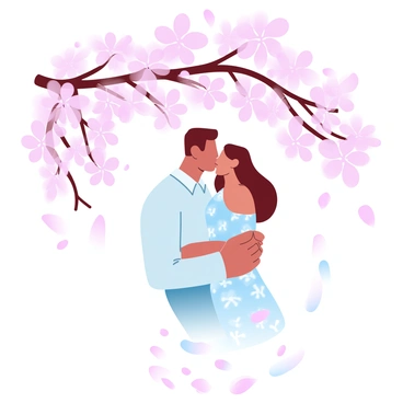 A couple is sharing a gentle kiss under a blooming cherry blossom tree. The branches of the tree are heavy with pink flowers, creating a vibrant canopy above them. The couple is positioned in the center, with their bodies tilted towards each other. The man is wearing a light-colored shirt, while the woman is in a floral-patterned dress. Petals from the cherry blossoms are softly falling around them, adding a whimsical touch to the scene. The ground is covered with a light carpet of fallen petals, enhancing the romantic atmosphere.