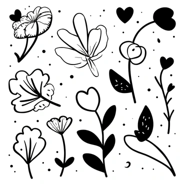 A collection of "bleeding heart flowers" arranged artistically across the image. Each flower is depicted with delicate petals shaped like hearts, showcasing their unique form. The background features a variety of "textured patterns," including lines, dots, and swirls, providing contrast to the flowers. The overall composition balances the intricate details of the flowers with the dynamic textures behind them.