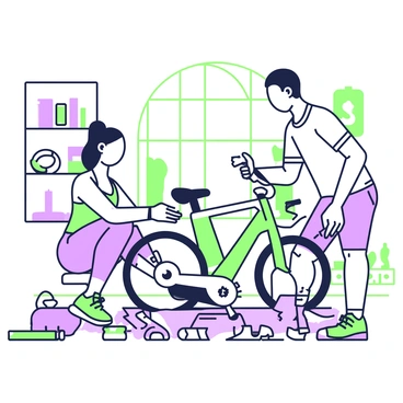 A couple is sitting on the floor of their living room, working together to assemble a new spin bike. The man is holding an instruction manual in one hand while using the other hand to fit a part onto the bike's frame. He is wearing a comfortable t-shirt and shorts. The woman is next to him, holding a wrench and looking focused on tightening a bolt. She has her hair tied back and is wearing leggings and a tank top. Various bike components, such as the seat and handlebars, are spread out around them. In the background, there are shelves with fitness books and a window allowing sunlight to filter into the room.