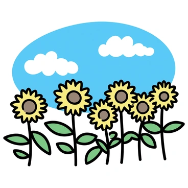 A field filled with tall sunflowers, their yellow petals facing upwards. The sunflowers are arranged in neat rows, each one showcasing a large brown center. The background features a bright blue sky with a few fluffy white clouds scattered throughout. The sunlight casts soft shadows on the ground, highlighting the vibrant green leaves surrounding the sunflowers.