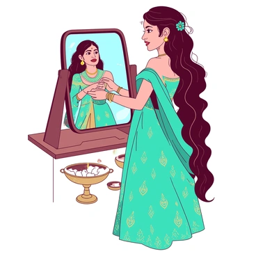 A bride in a vivid turquoise ornate Indian wedding dress is standing in front of a mirror, adjusting her intricate gold jewelry. The dress features elaborate embroidery and patterns, shimmering under the light. Her long hair is adorned with delicate gold pins and flowers. In the background, there is a soft glow from traditional oil lamps, enhancing the festive atmosphere. The bride's expression reflects a mix of excitement and anticipation as she prepares for her special day.