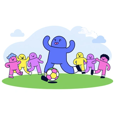 An anion character with a rounded body and a cheerful expression is playing soccer with friends. The anion has a vibrant blue color and is surrounded by several other cartoon-like characters, each with different colors representing various ions. The group is on a grassy field, and the anion is in mid-kick, striking a colorful soccer ball that has bright patterns of red, yellow, and green. The background features a clear sky and a few fluffy clouds.