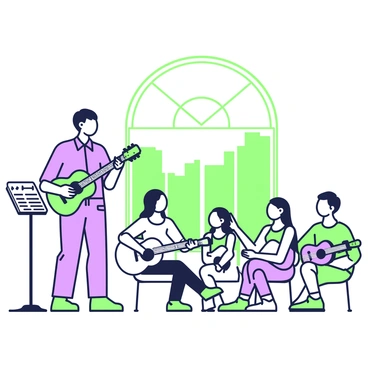 A music teacher stands in front of a group of eager students. The teacher is showing how to play chords on a guitar, holding the instrument with one hand on the neck and the other strumming. The teacher wears a button-up shirt and jeans, and a focused expression is visible on their face. The students are seated in a semicircle, leaning forward with interest. Each student has a guitar resting on their lap, ready to follow along. A music stand with sheet music is placed to the side, and a large window in the background allows natural light to illuminate the scene.