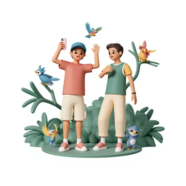 Two trainers are standing in a lush, green safari zone filled with various exotic Pokémon. One trainer, wearing a blue cap, a red t-shirt, and cargo shorts, is holding a smartphone up, capturing the moment with excitement. The other trainer, dressed in a green tank top and beige pants, is looking at a vibrant, flying Pokémon hovering nearby. Surrounding them are Pokémon in different poses: a colorful bird perched on a tree branch, a playful monkey swinging from a vine, and a small, curious creature peeking out from behind a bush. The trainers are smiling, showcasing their enthusiasm for their adventure in the wild.